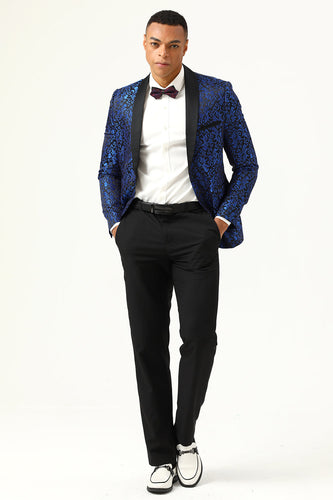 One Button Blue Shawl Lapel Jacquard Men's Prom Blazer