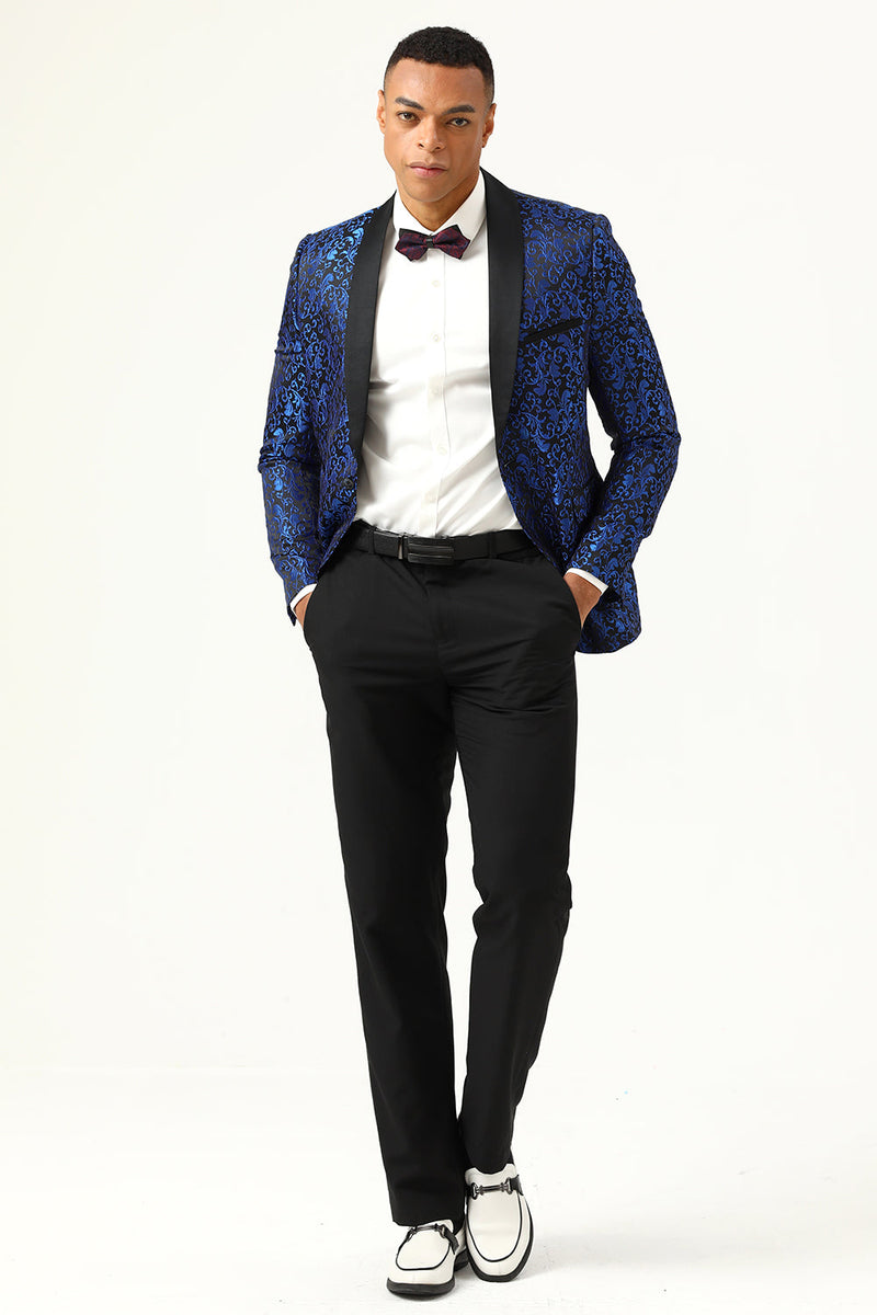 Load image into Gallery viewer, One Button Blue Shawl Lapel Jacquard Men&#39;s Prom Blazer