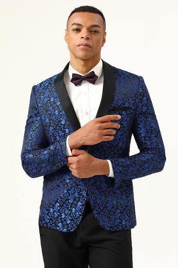 One Button Blue Shawl Lapel Jacquard Men's Prom Blazer