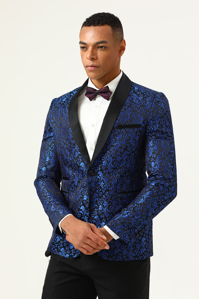 Load image into Gallery viewer, One Button Blue Shawl Lapel Jacquard Men&#39;s Prom Blazer