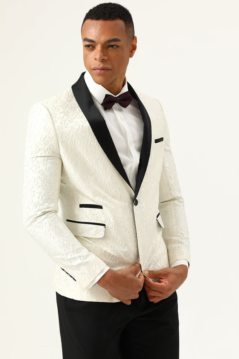 Load image into Gallery viewer, One Button White Shawl Lapel Jacquard Men&#39;s Prom Blazer