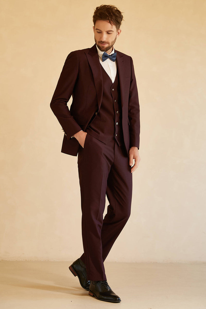 Load image into Gallery viewer, Peak Lapel Single Button Burgundy Men&#39;s Wedding Suit