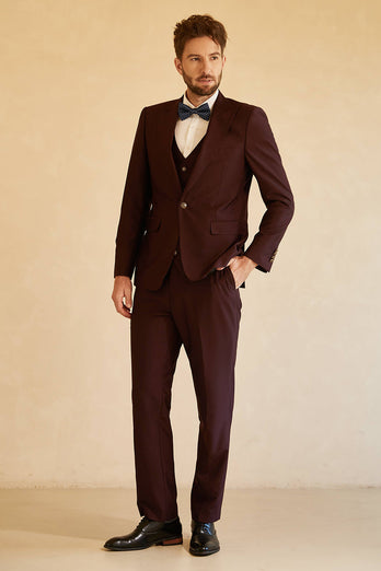 Peak Lapel Single Button Burgundy Men's Wedding Suit