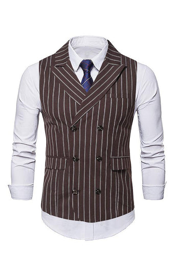 Lapel Collar Double Breasted Coffee Striped Men's Vest