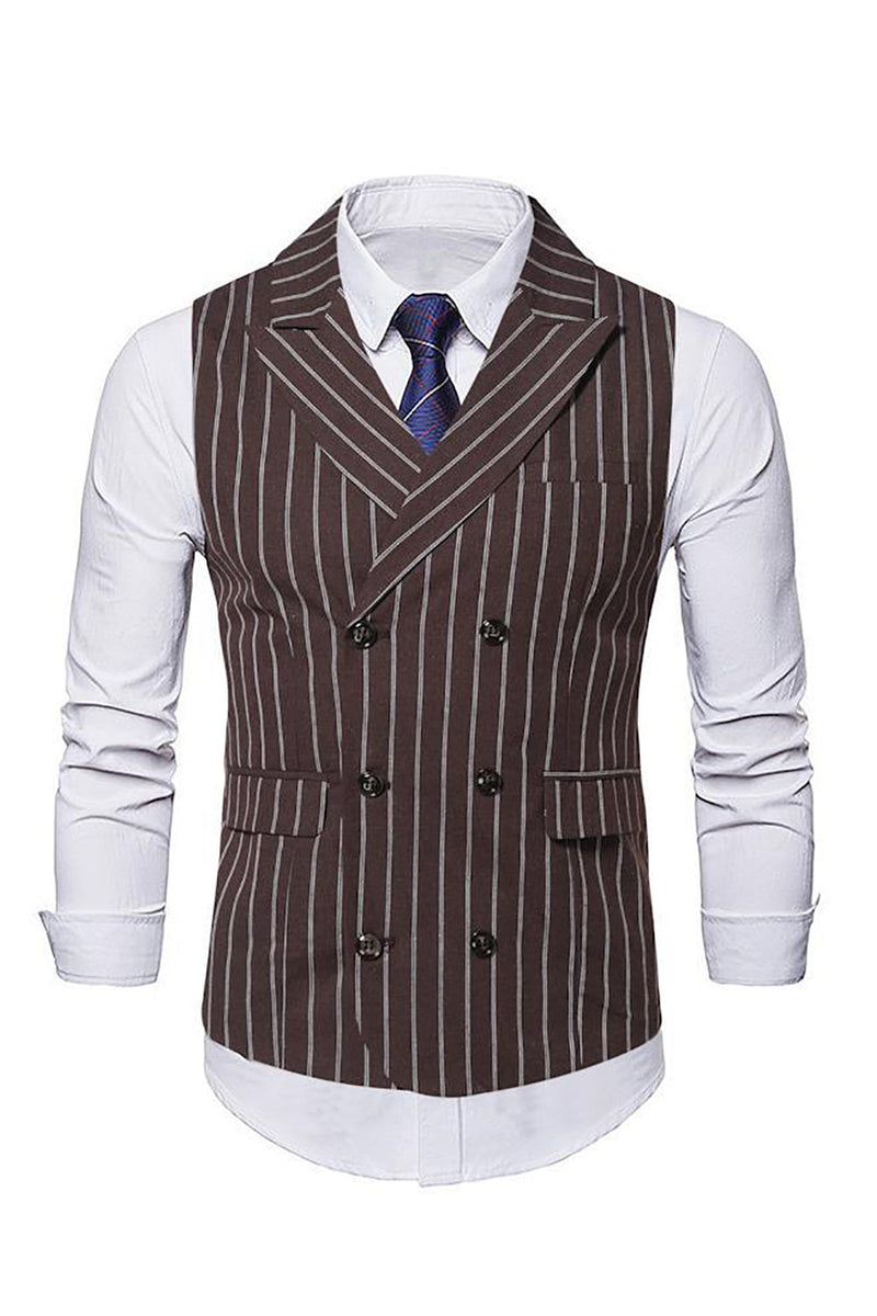 Load image into Gallery viewer, Lapel Collar Double Breasted Coffee Striped Men&#39;s Vest