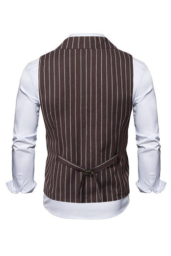 Lapel Collar Double Breasted Coffee Striped Men's Vest