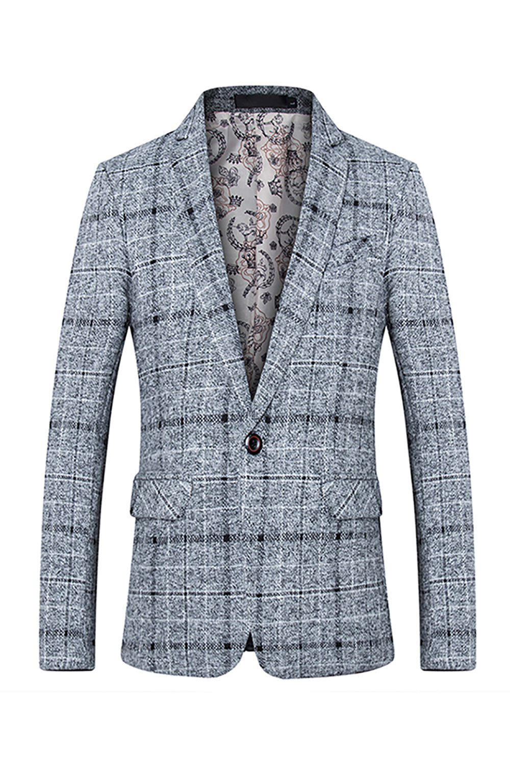 Grey Grid Notched Lapel Men's Blazer