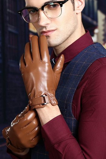 Black Leather Buckled Winter Gloves For Men