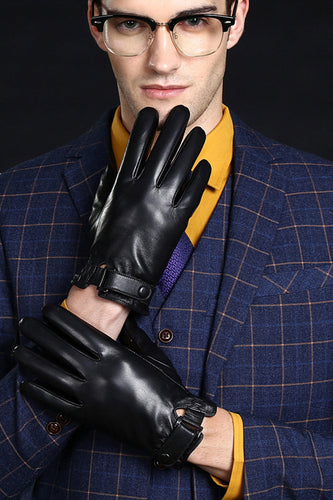 Black Leather Buckled Winter Gloves For Men