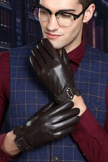 Black Leather Buckled Winter Gloves For Men