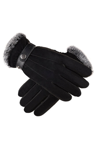 Black Buckled Pigskin Warm Winter Men Gloves with Feather