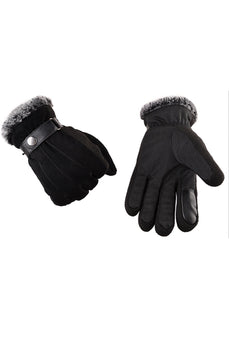 Black Buckled Pigskin Warm Winter Men Gloves with Feather