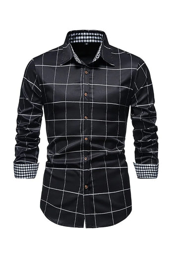 Navy Plaid Print Men's Casual Long Sleeve Shirt