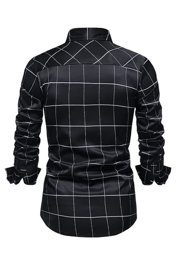 Navy Plaid Print Men's Casual Long Sleeve Shirt