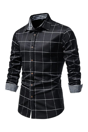 Navy Plaid Print Men's Casual Long Sleeve Shirt