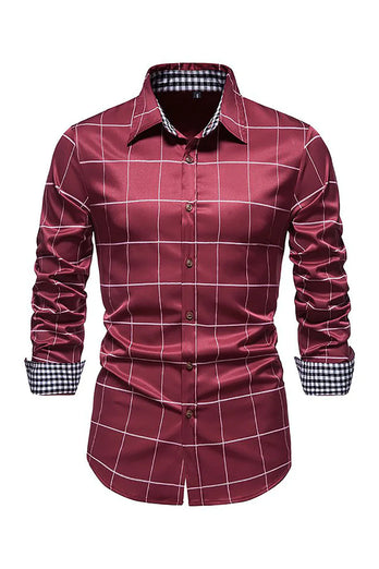 Navy Plaid Print Men's Casual Long Sleeve Shirt