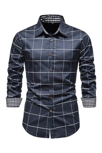 Navy Plaid Print Men's Casual Long Sleeve Shirt