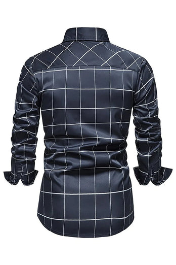 Navy Plaid Print Men's Casual Long Sleeve Shirt