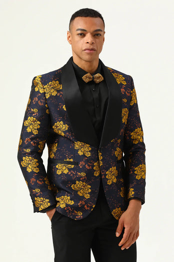 Yellow Flower Shawl Lapel Jacquard Men's Prom Blazer