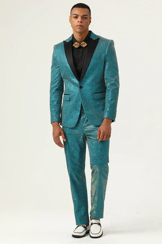 Glitter Peacock Blue Peak Lapel 2 Piece Men's Suits