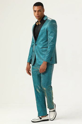 Glitter Peacock Blue Peak Lapel 2 Piece Men's Suits