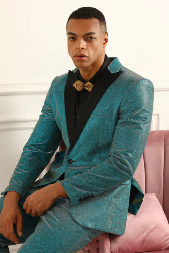 Glitter Peacock Blue Peak Lapel 2 Piece Men's Suits