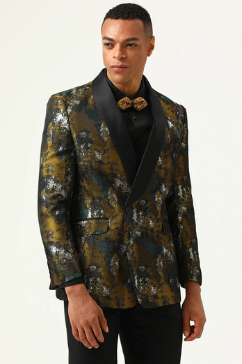 Yellow Jacquard Double Breasted Shawl Lapel Men's Prom Blazer