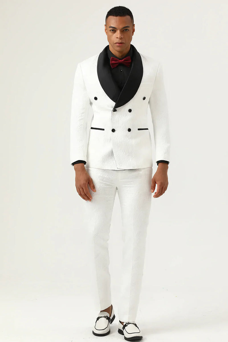 Load image into Gallery viewer, White Jacquard Shawl Lapel Double Breasted 2 Piece Men&#39;s Suits