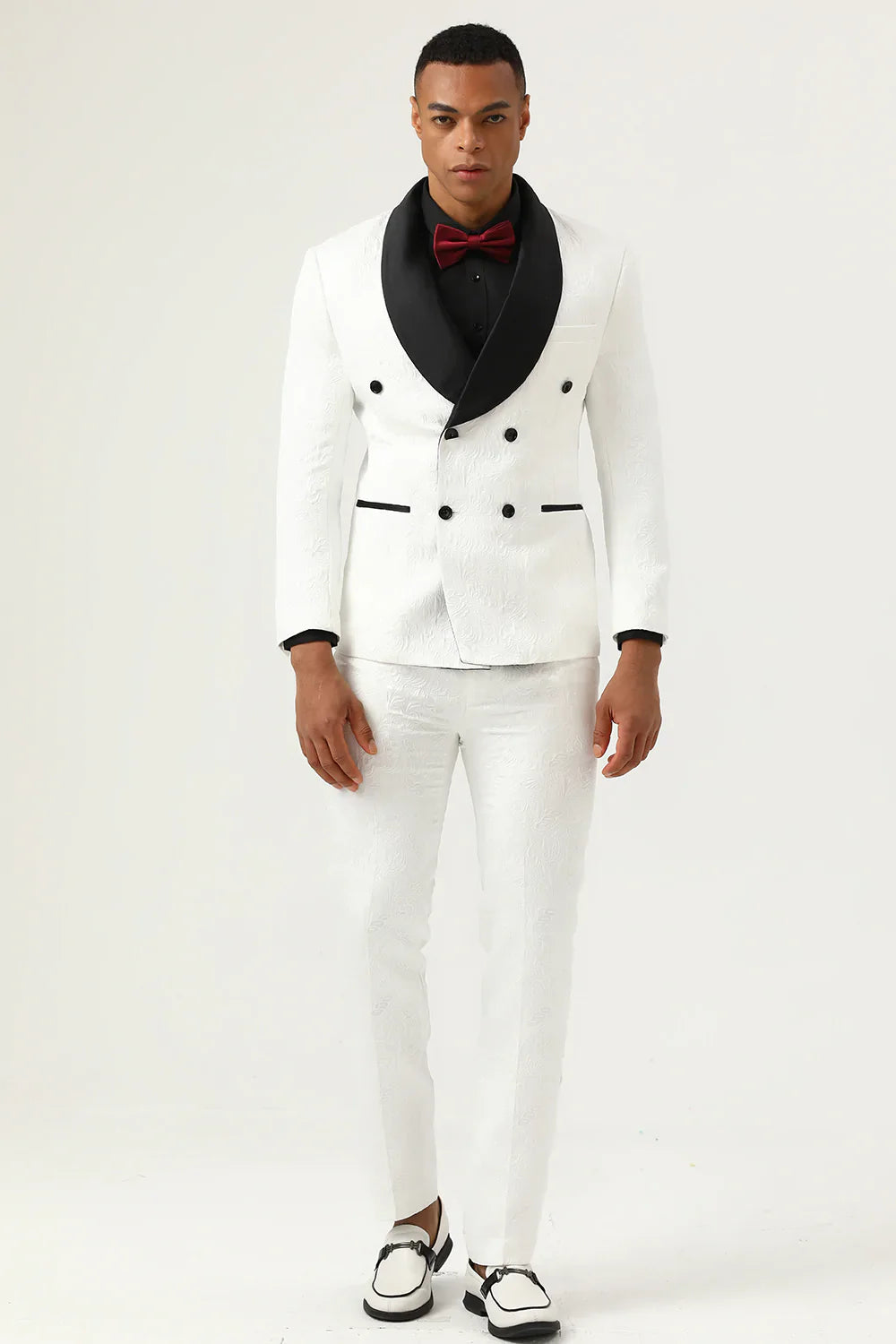 White Jacquard Shawl Lapel Double Breasted 2 Piece Men's Suits