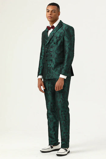 Green Jacquard Double Breasted 2 Piece Men's Suits