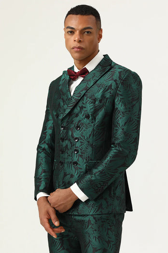 Green Jacquard Double Breasted 2 Piece Men's Suits