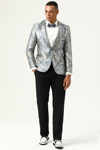 Silver and Blue Jacquard Notched Lapel Men's Prom Blazer