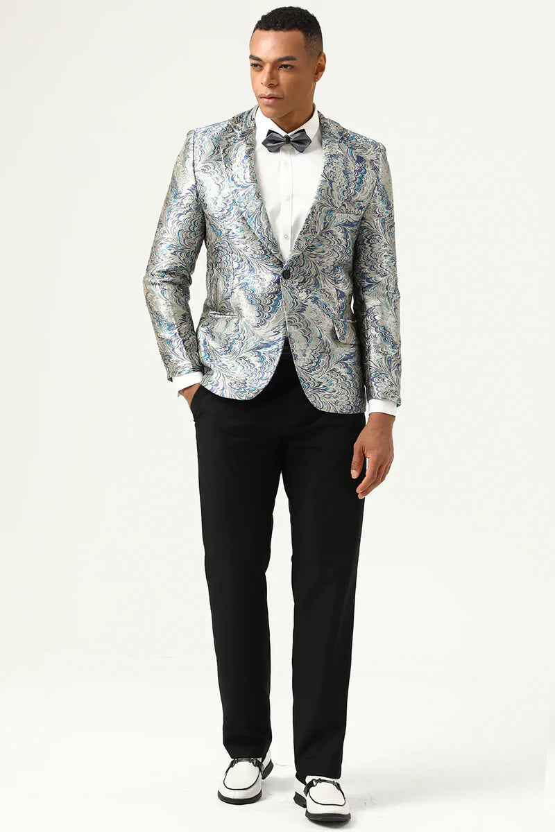 Load image into Gallery viewer, Silver and Blue Jacquard Notched Lapel Men&#39;s Prom Blazer