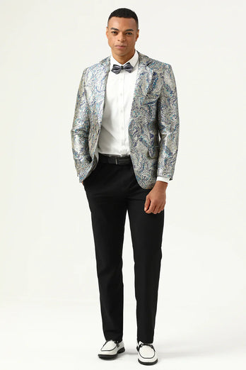 Silver and Blue Jacquard Notched Lapel Men's Prom Blazer