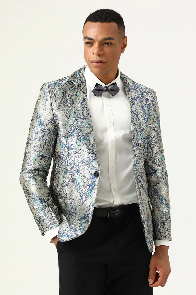 Load image into Gallery viewer, Silver and Blue Jacquard Notched Lapel Men&#39;s Prom Blazer