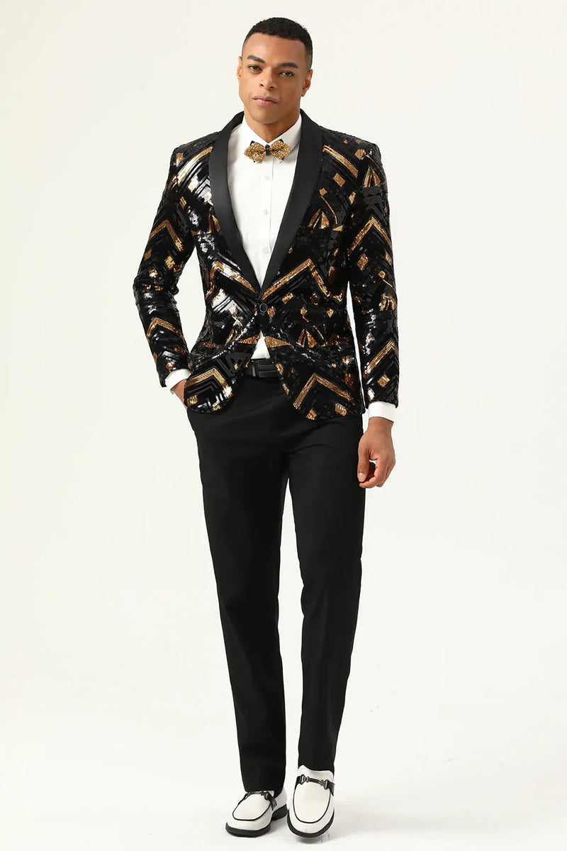 Load image into Gallery viewer, Sparkly Black and Golden Sequins Men&#39;s Prom Blazer