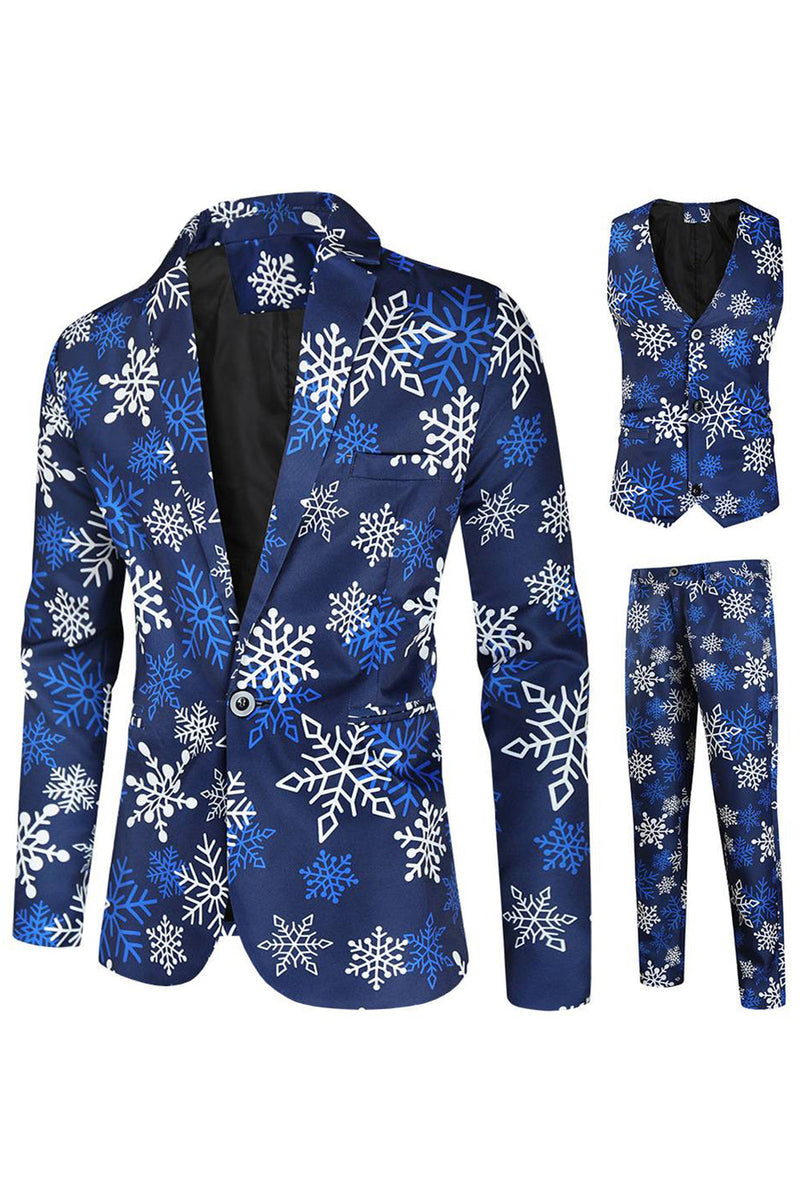 Load image into Gallery viewer, Blue Snowflake Printed 3 Piece Men&#39;s Christmas Party Suits