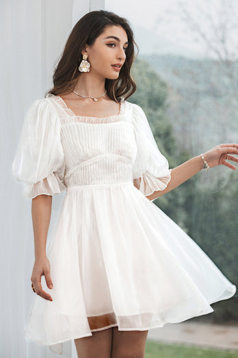 Modest Tulle White Graduation Dress with Lace-up Back