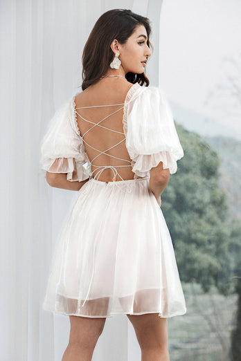 Modest Tulle White Graduation Dress with Lace-up Back