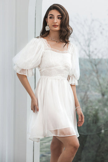 Modest Tulle White Graduation Dress with Lace-up Back