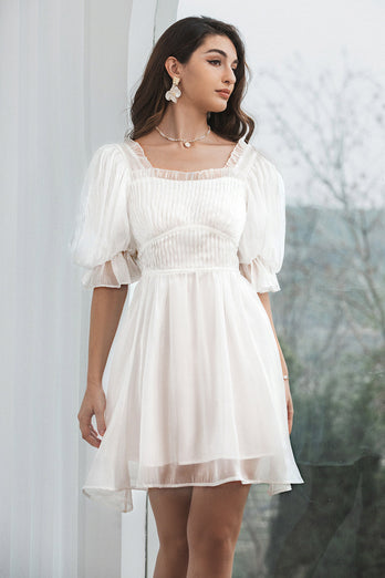 Modest Tulle White Graduation Dress with Lace-up Back