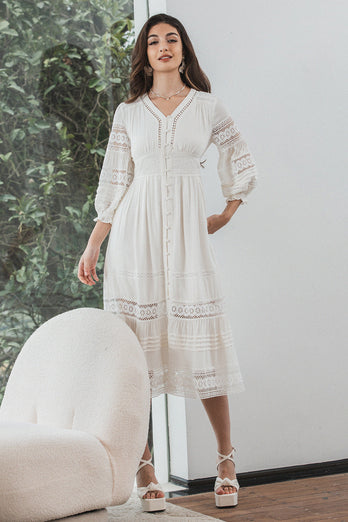 Tea-Length Lace White Graduation Dress with Long Sleeves