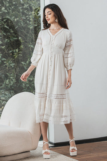 Tea-Length Lace White Graduation Dress with Long Sleeves