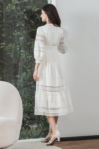 Tea-Length Lace White Graduation Dress with Long Sleeves