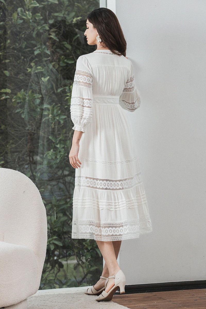 Load image into Gallery viewer, Tea-Length Lace White Graduation Dress with Long Sleeves