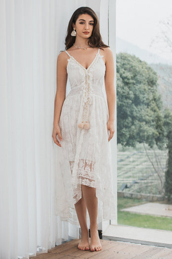 Spaghetti Straps High-Low Lace White Summer Graduation Dress