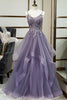 Load image into Gallery viewer, Purple Tulle A Line Beaded Prom Dress with Appliques