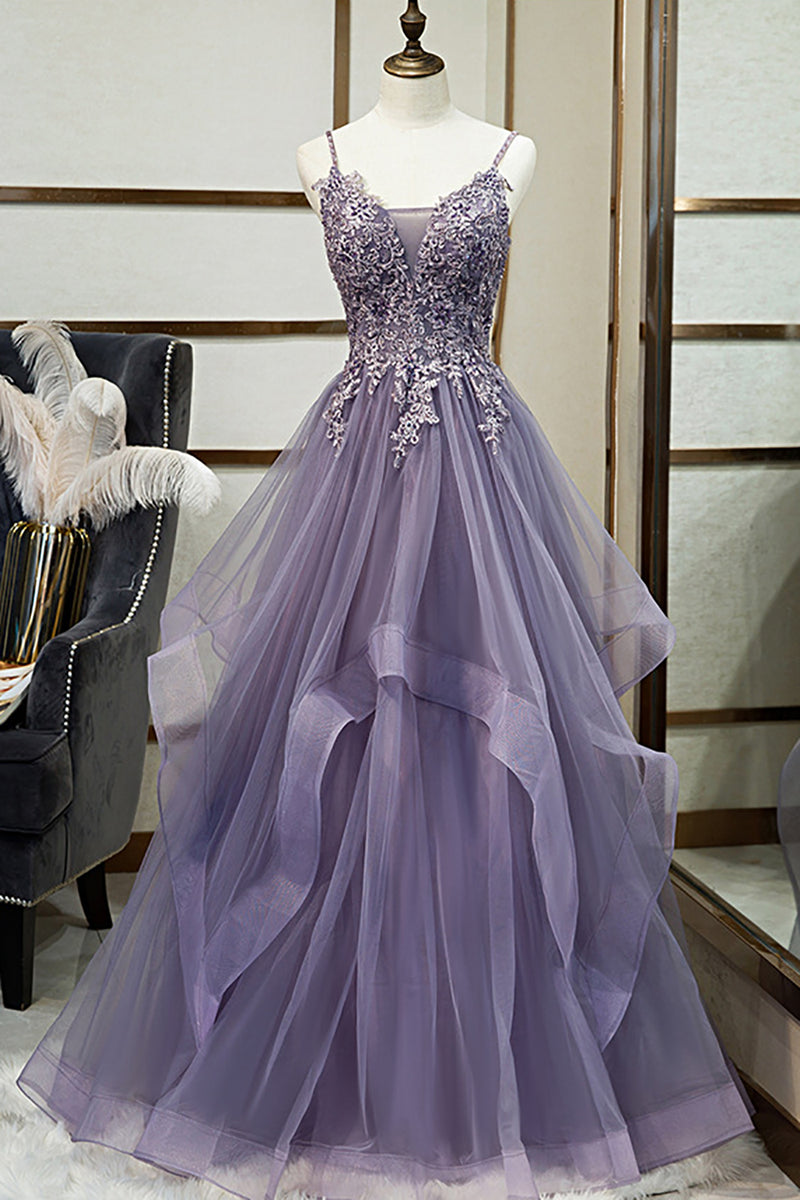 Load image into Gallery viewer, Purple Tulle A Line Beaded Prom Dress with Appliques