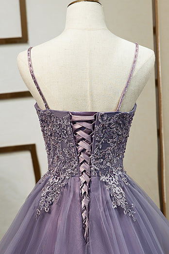 Purple Tulle A Line Beaded Prom Dress with Appliques