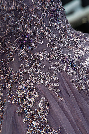 Purple Tulle A Line Beaded Prom Dress with Appliques